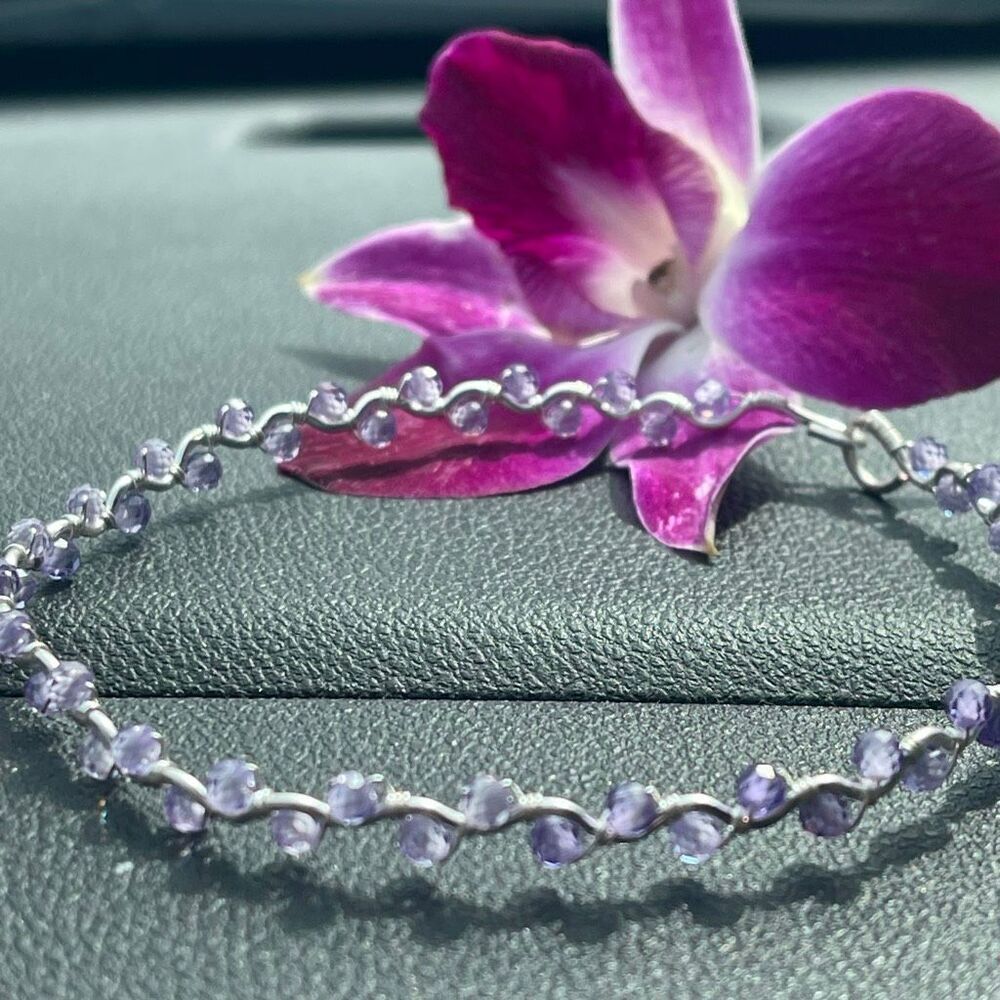 Purple lavender zircon 8” silver copper wire beaded beads handcrafted handmade d